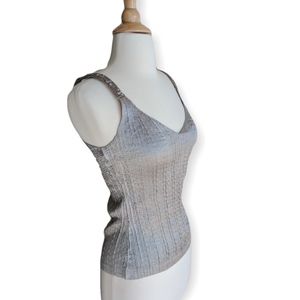 Silver silk v-neck tank w sequins straps, metallic